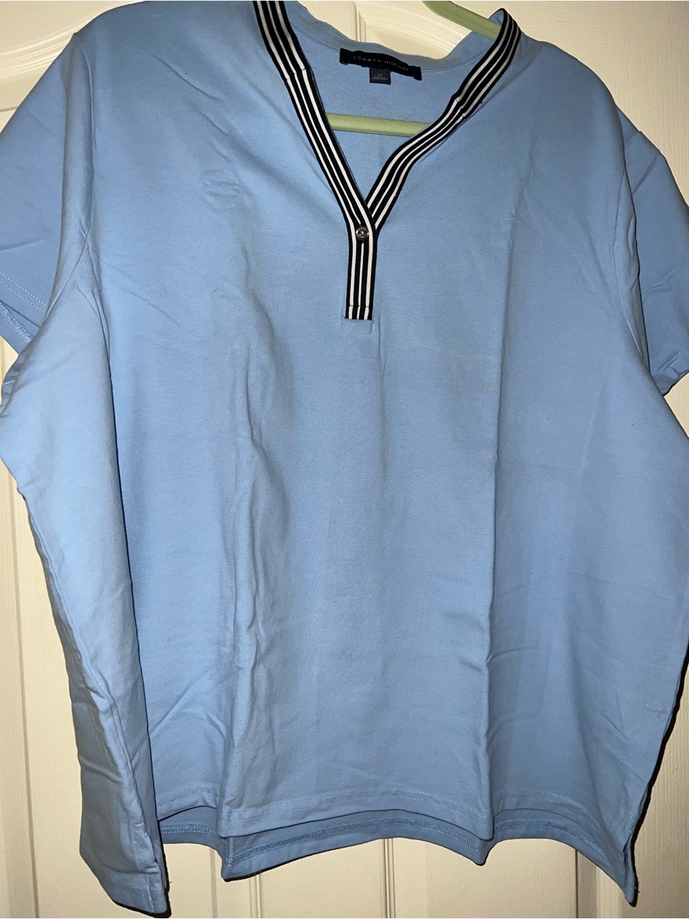 Tommy Hilfiger Light Blue Short Sleeve Tee with Striped V-Neck Trim
